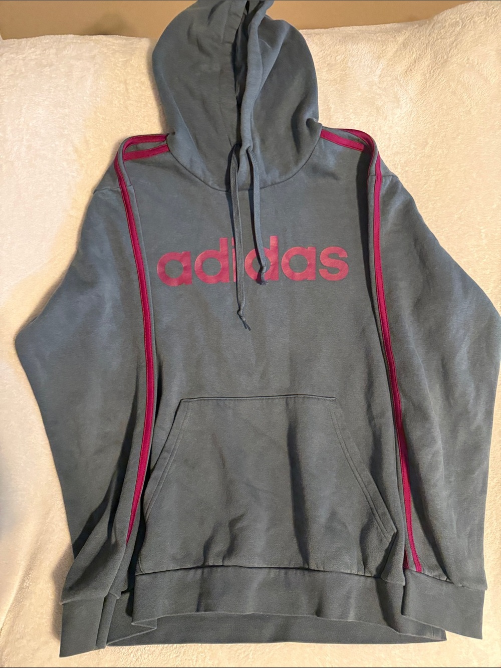 adidas Charcoal Gray Hoodie with Magenta Logo and Stripe Trim